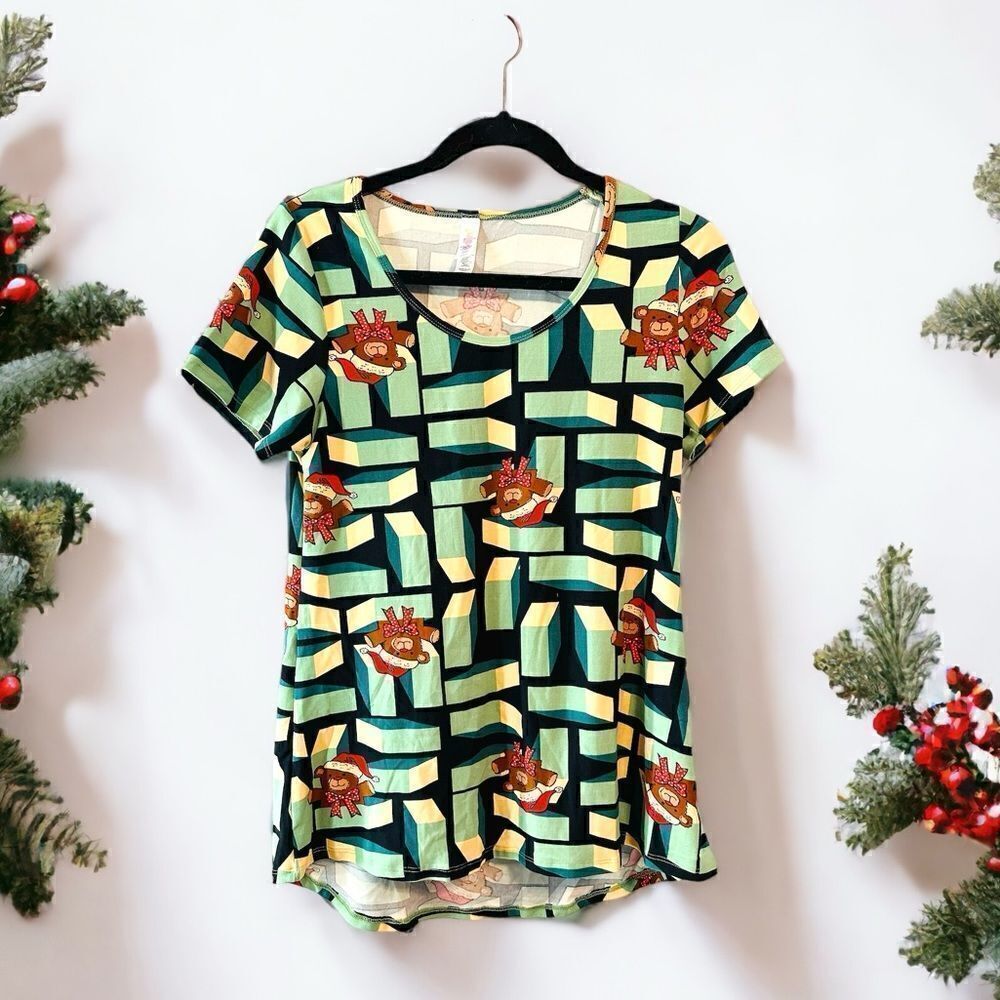 NWT LulaRoe Classic T Christmas Teddy Bears Santa Hats Green Red XS